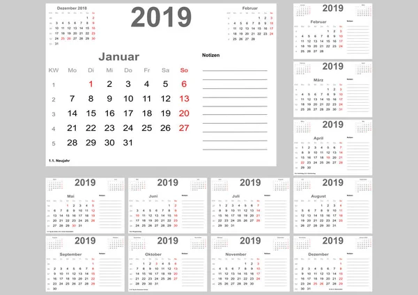 Kalender 2019 För Tyskland Med Semester Rummet För Anteckningar Och — Stock vektor