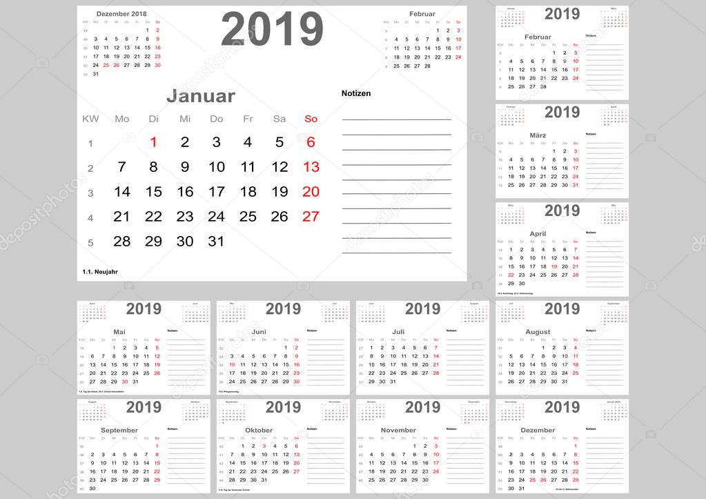 Calendar 2019 for Germany with holidays, room for notes and above with previous and following month. Set of 12 separated months. Week starts Monday.