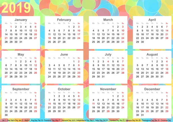 Calendar 2019 background with colorful circles, each month on white squares and with public holidays for the USA