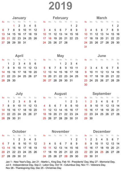 Απλό Ημερολόγιο 2019 Επισημαίνονται Τις Επίσημες Αργίες Για Τις Ηπα — Διανυσματικό Αρχείο