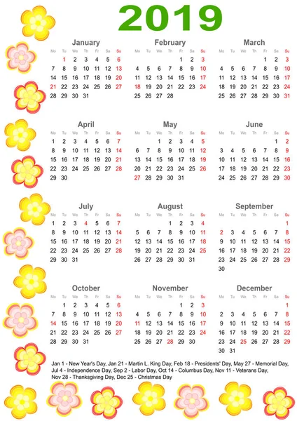 Calendar 2019 Markings List Public Holidays Usa Edged Colorful Flowers — Stock Vector