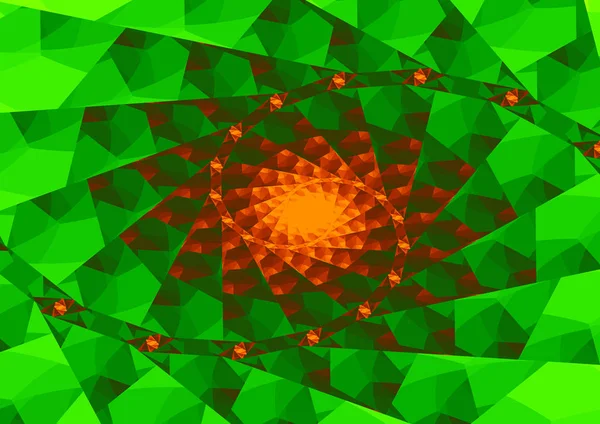 Abstract orange spiral of triangles on green triangular pattern — Stock Photo, Image