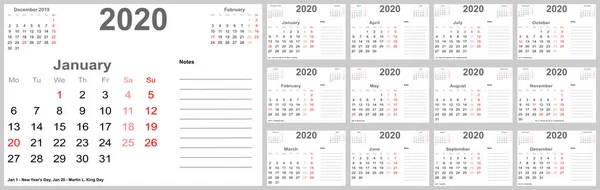 Kalender 2020 för USA med plats för anteckningar — Stock vektor