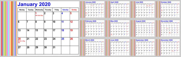 Calendário 2020 para os EUA com listras coloridas na área esquerda —  Vetores de Stock