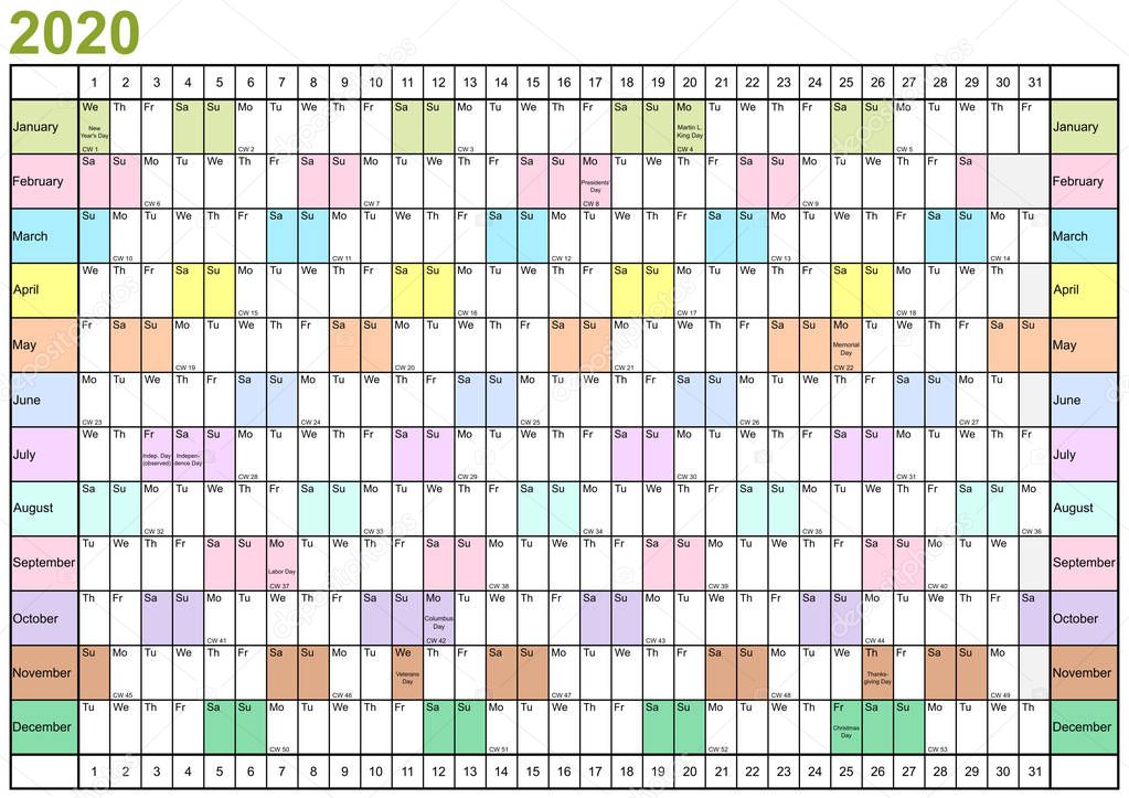 Year Planner 2020 linear USA in different colors