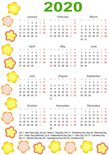 Kalender 2020 för USA med färgglada blommor — Stock vektor