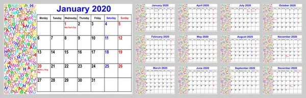 Calendar 2020 for the USA with colorful different letters in the left area — Stock Vector