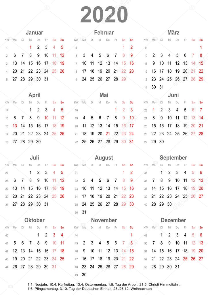 Simple calendar 2020 with public holidays for Germany