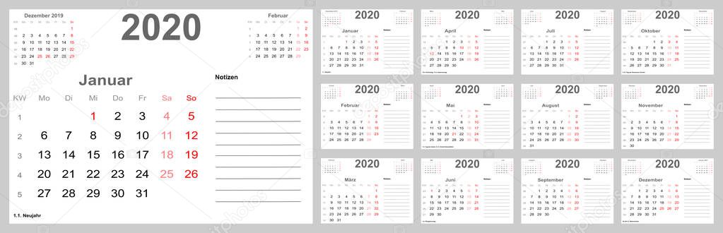 Calendar 2020 for GER with place for notes