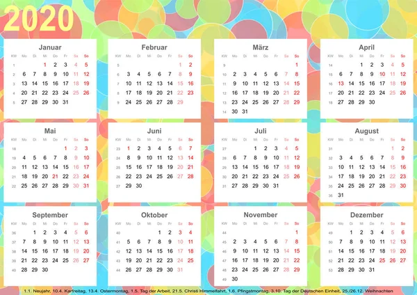 Calendar 2020 cercuri colorate de fundal GER — Fotografie, imagine de stoc