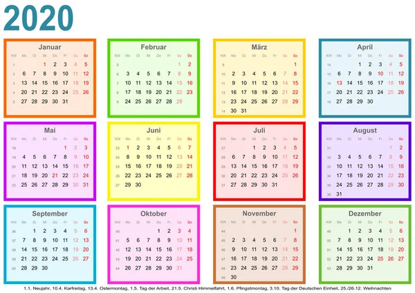 Kalender 2020 varje månad olikfärgade kvadrat ger — Stock vektor