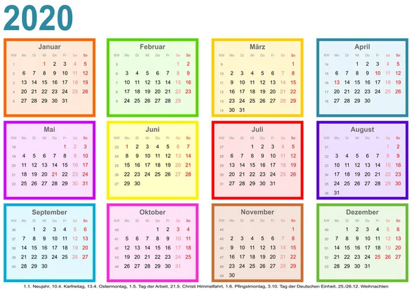 Calendário 2020 a cada mês diferente colorido GER quadrado — Vetor de Stock