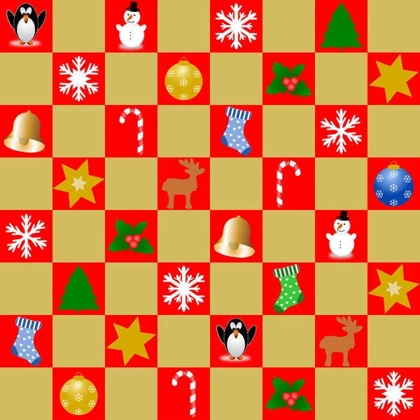 Mosaico de cuadrados rojos y dorados con símbolos navideños — Foto de Stock