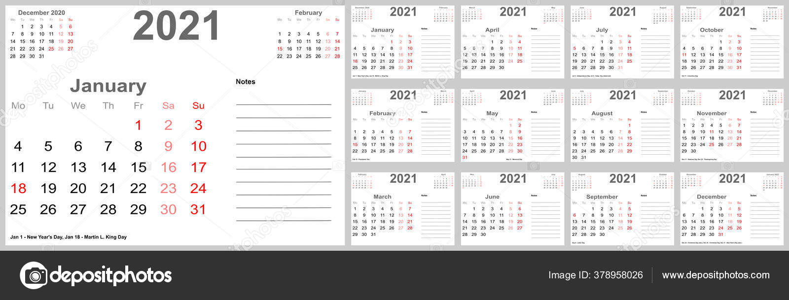 Calendário 2021 Para Eua Com Feriados Espaço Para Notas Acima — Vetores de Stock © MKabeck ...