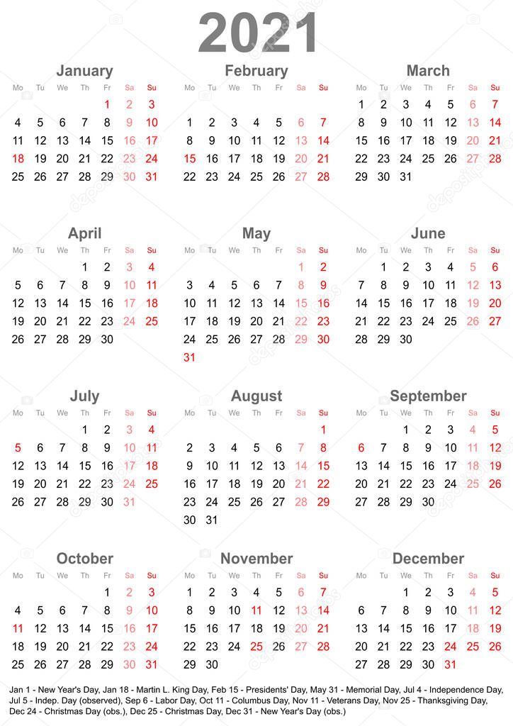 Simple calendar 2021 - one year at a glance - starts Monday with public holidays for the USA in a portrait format