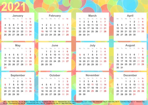 Kalender 2021 Bakgrund Med Färgglada Cirklar Varje Månad Vita Rutor — Stockfoto
