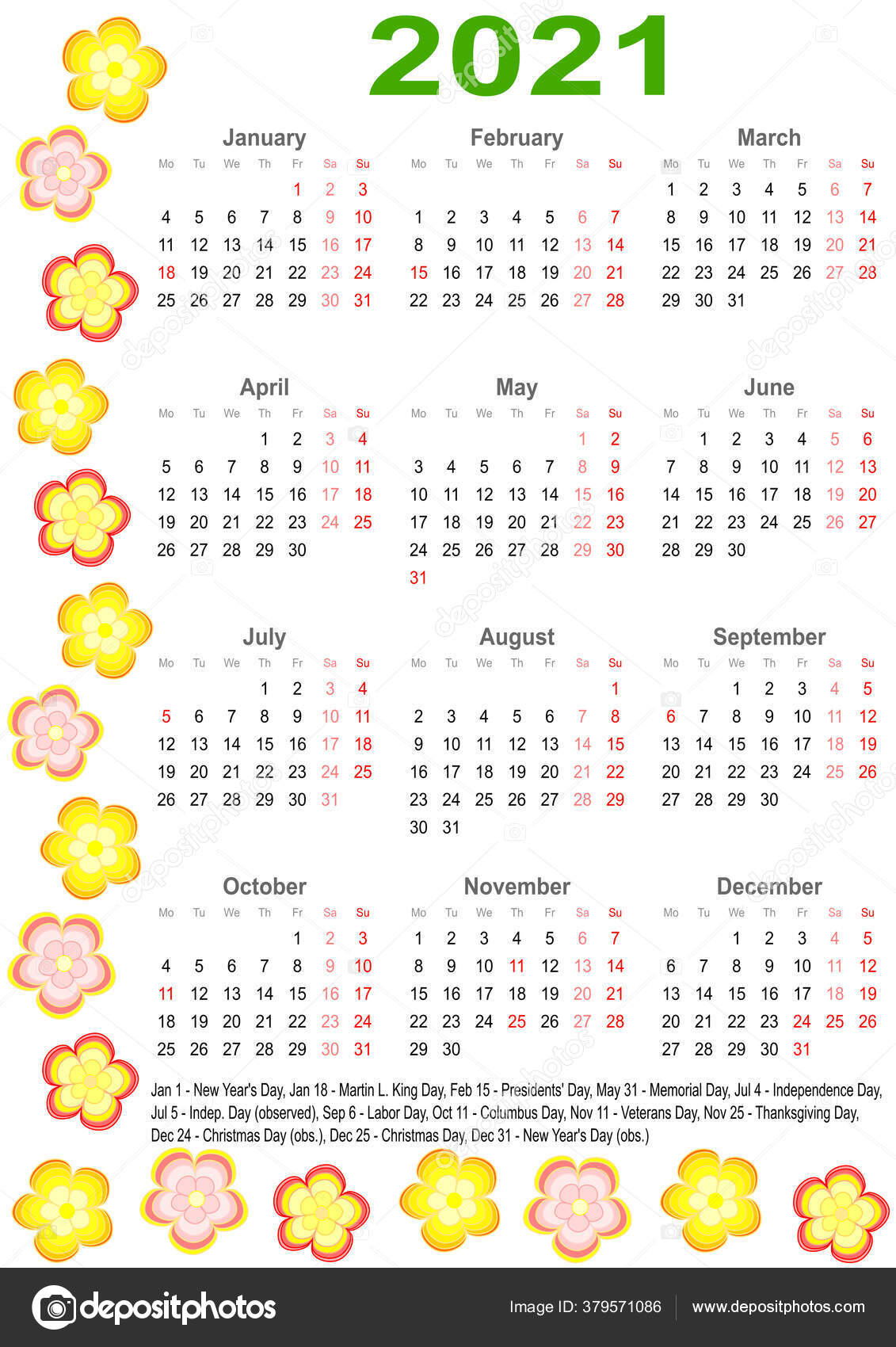 Calendar 2021 Markings List Public Holidays Usa Edged Colorful Flowers Vector Image By C Mkabeck Vector Stock 379571086