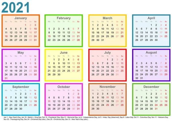 Kalender 2021 Varje Månad Olikfärgad Kvadrat Och Markeringar Helgdagar För — Stock vektor