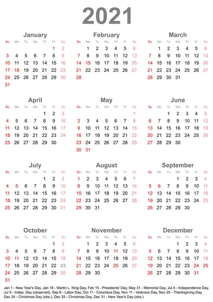 Prosty Kalendarz 2021 Oznaczony Oficjalnymi Świętami Dla Usa Tydzień Zaczyna — Wektor stockowy