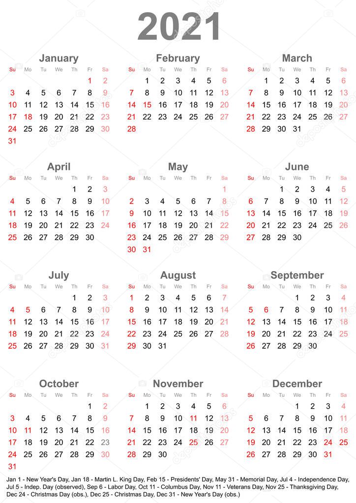 Simple calendar 2021 marked with the official holidays for the USA. The week starts on sunday.
