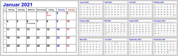 Calendar 2021 Germany Incl National Holidays Simple Monthly Overview Set — Stock vektor