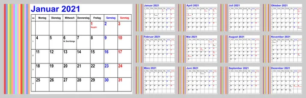Calendar 2021 Germany Incl National Holidays Colorful Stripes Left Area — Stock vektor