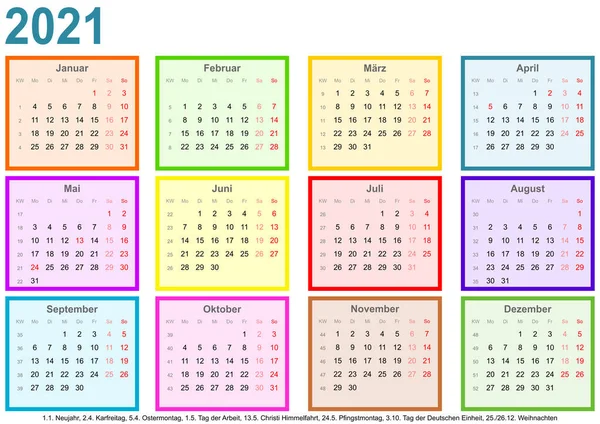 Calendar 2021 Each Month Differently Colored Square Markings Public Holidays — Stock vektor