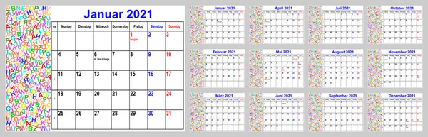 Calendar 2021 Germany Holidays Colorful Different Letters Left Area Set — Stockvektor