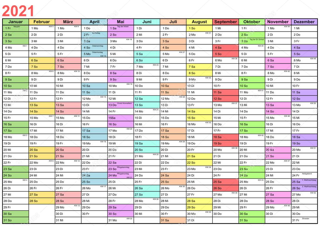 Year Planner 2021 with public holidays  for Germany, with CW and each month in a different color