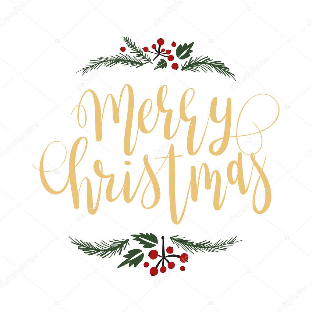 Merry Christmas lettering with hand drawn floral elements.