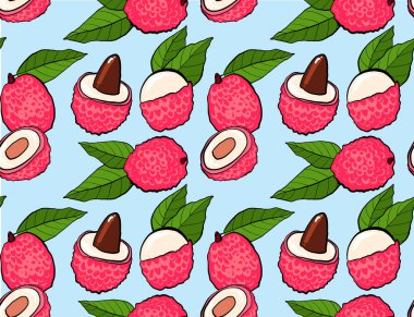 Lychees mavi arka plana el çizimi deseni çizdi. Dalın üzerinde taze meyveler var, yarısı ve parçaları. Vektörsüz desen.