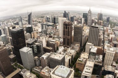 Melbourne, Avustralya 'nın Rialto kulesinden havadan görüntüsü. Balık gözü resmi.