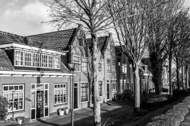 Küçük bir kasaba olan Hoorn 'da sonbaharda, Hollanda' da. Siyah ve beyaz resim