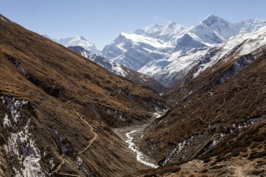 Marsyangdi nehri dağların eteklerinden akar. Himalayalar, Nepal, Annapurna koruma alanı