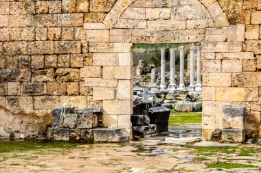 Antalya, Türkiye - 25 Şubat 2019: Türkiye 'nin Antalya kenti yakınlarındaki antik Perge kentinde mermer sütunların kalıntıları