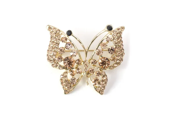 Broche Papillon Avec Diamants Isolés Sur Blanc — Photo