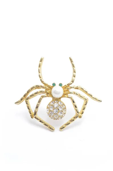 Gold Spider Brooch Pearl White Background — Stock Photo, Image