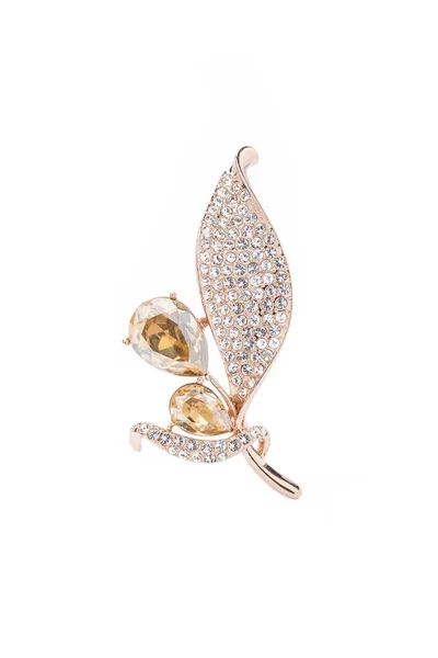 Gold Leaf Brooch Topaz Diamonds White Background — Stock Photo, Image