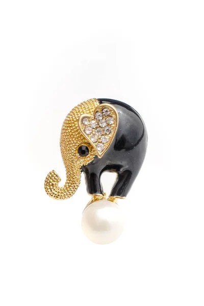Elefante Broche Com Pérola Diamantes Isolados Branco — Fotografia de Stock