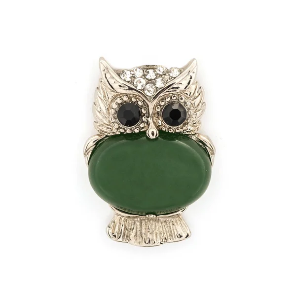 Broche Hibou Avec Gemmes Aventurine Isolée Sur Blanc — Photo