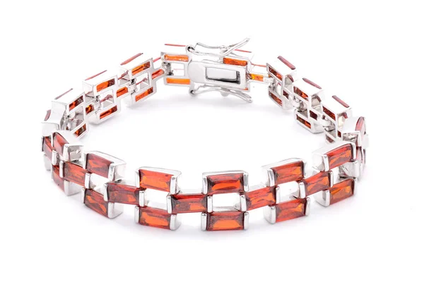 Pulsera Plata Con Gemas Rojas Sobre Fondo Blanco —  Fotos de Stock