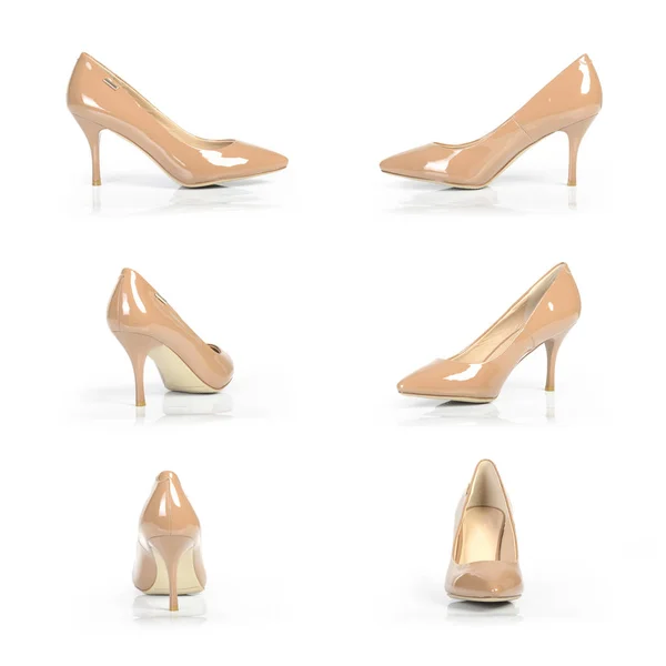 Beige Heels Different Angles White Background — Stock Photo, Image