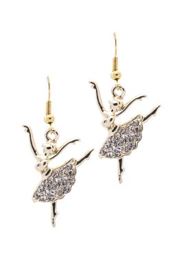 Gold earrings in the form of a ballerina   inlaid with  gemstones on a white background clipart