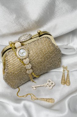 Bayan aksesuarlar beyaz ipek zemin üzerinde kümesi