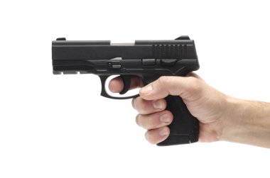 Silah, tabanca üzerinde beyaz izole elinde