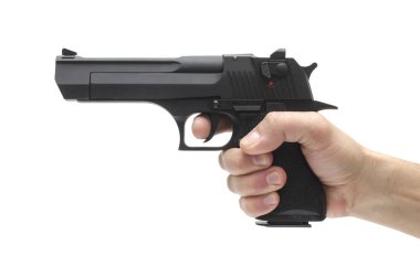 Silah, tabanca üzerinde beyaz izole elinde