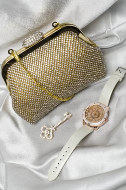 Bayan aksesuarlar beyaz ipek zemin üzerinde kümesi