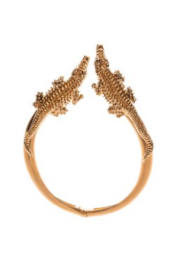 beyaz zemin üzerine altın timsah kolye