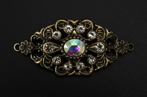 Broche Vintage Con Diamantes Aislados Negro —  Fotos de Stock