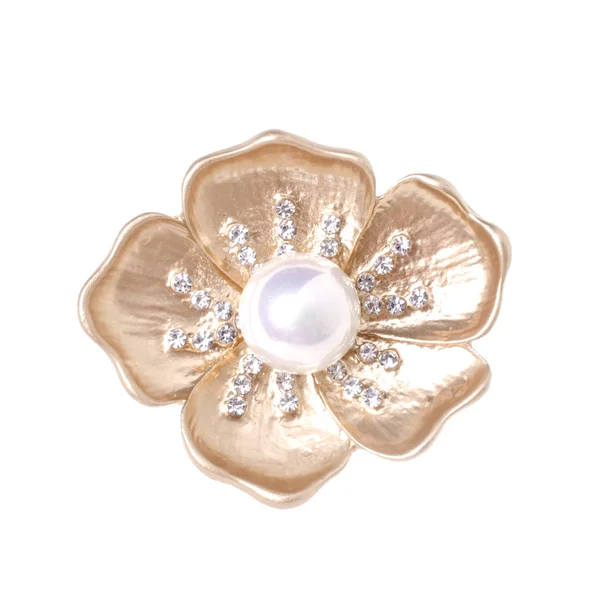 Brož Zlatý Květ Pearl Diamanty Izolované Bílém — Stock fotografie